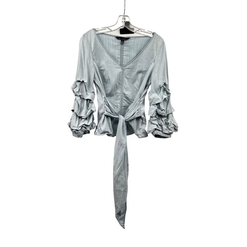 White House Black Market Light Blue Ruffle Sleeve Tie-Front Blouse